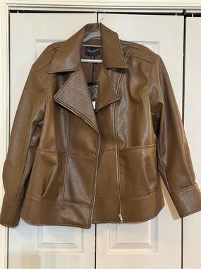 NWT Ashley Graham Leather Zip-Front Jacket in Brown Sz 1X